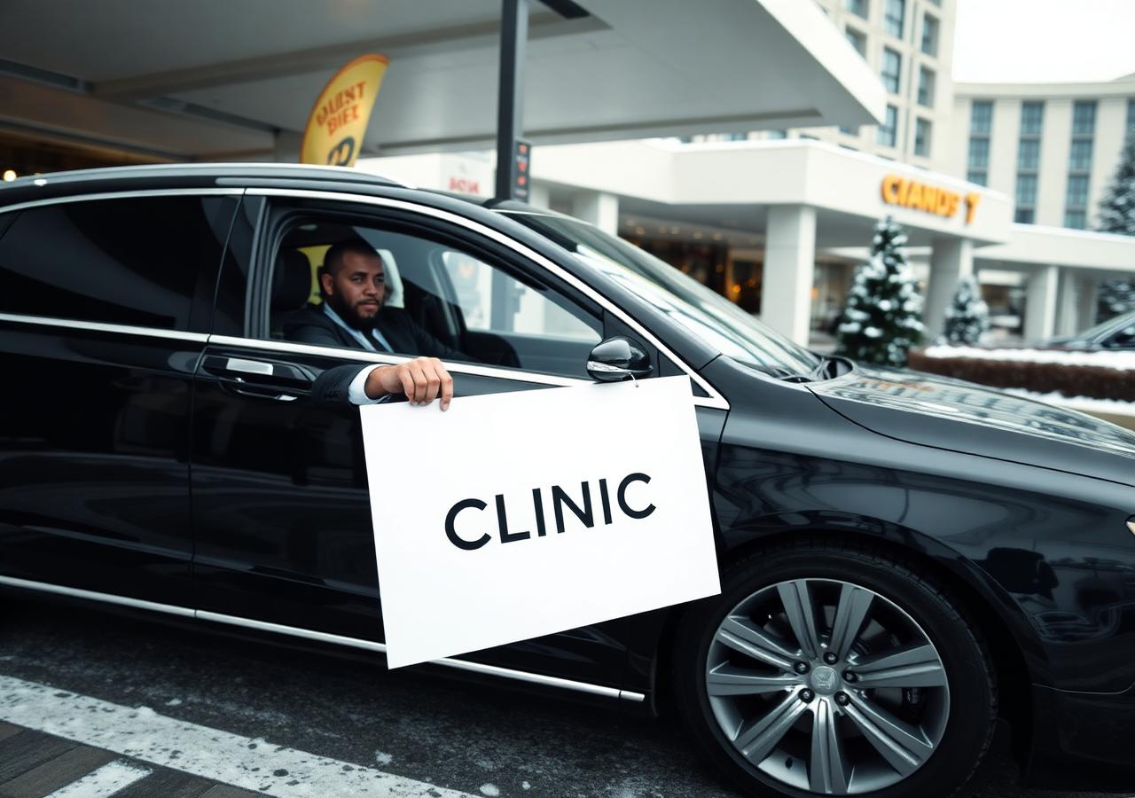 Private car with a clinic sign waiting at a casino resort hotel entrance