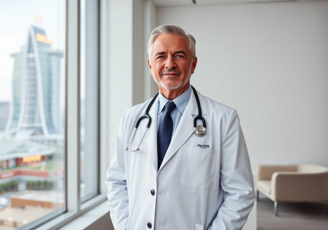 Averdeno physician in a consulting room with a casino resort tower behind