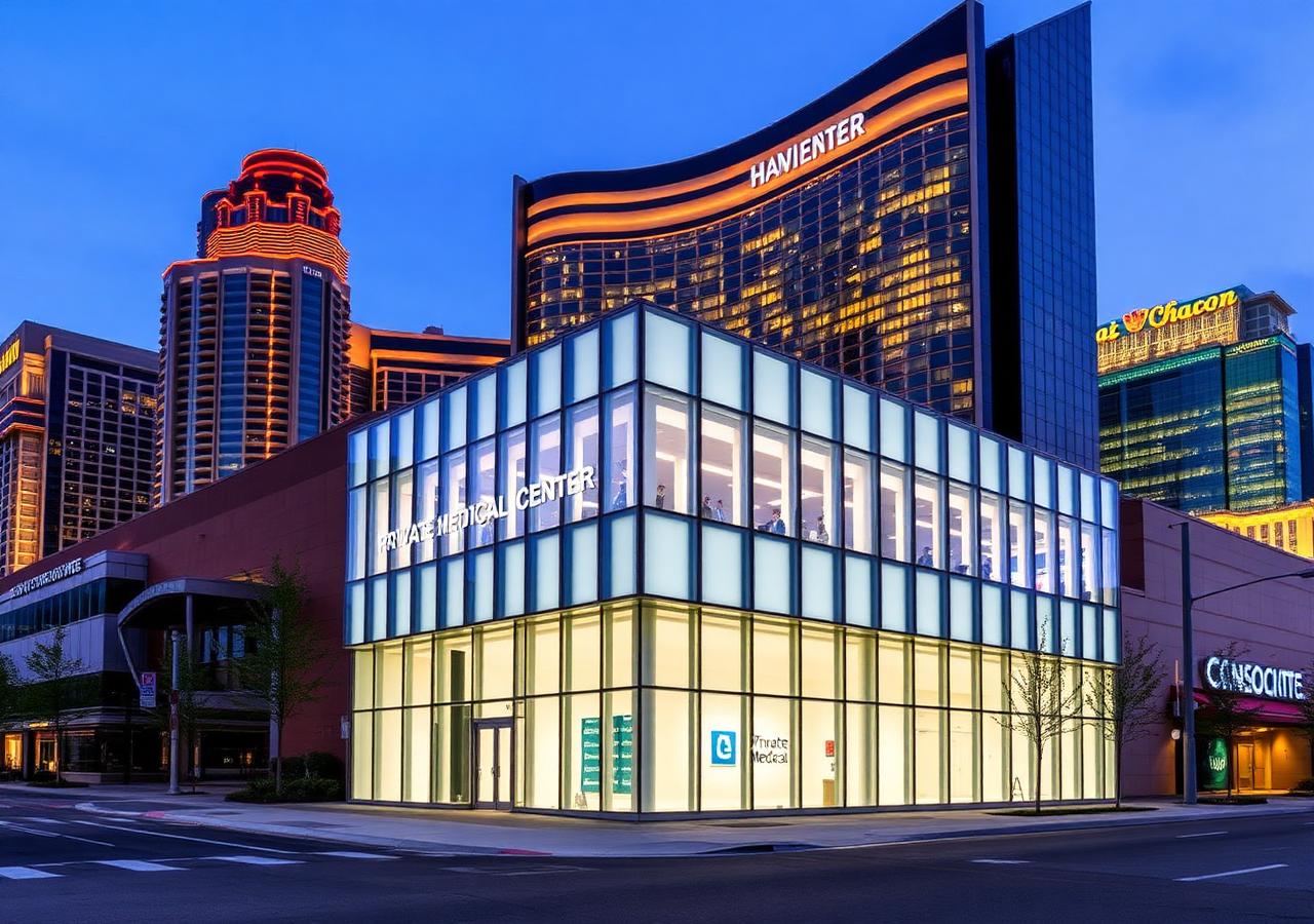 Averdeno medical pavilion at street level in a Canadian casino resort district