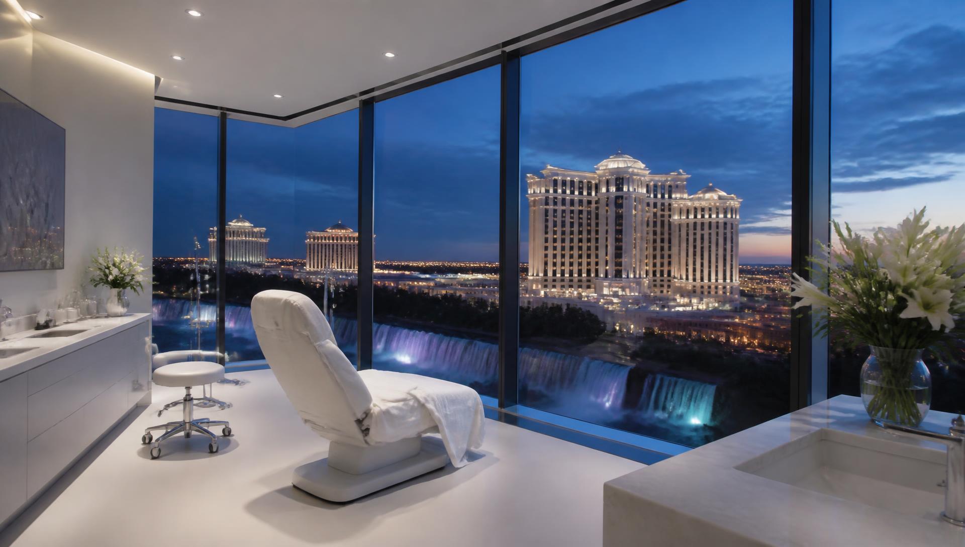 Treatment room in a luxury clinic overlooking an illuminated casino resort skyline