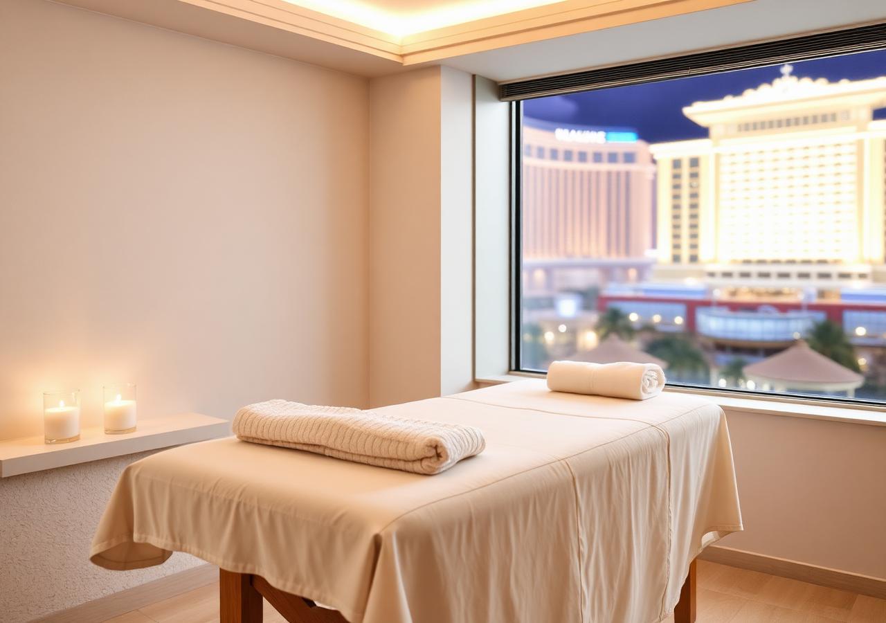 Luxury massage room with casino resort lights beyond the window