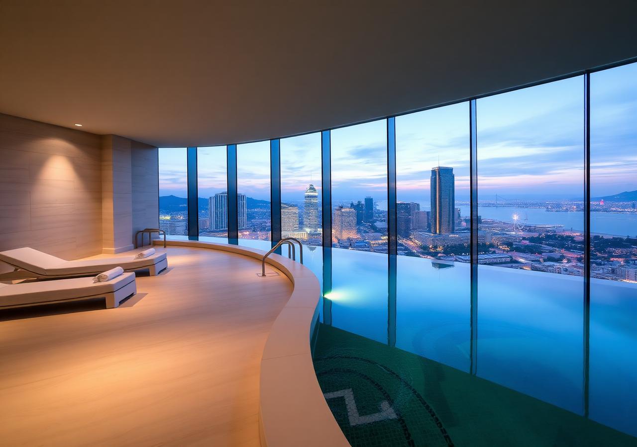 Spa relaxation pool overlooking a casino resort skyline