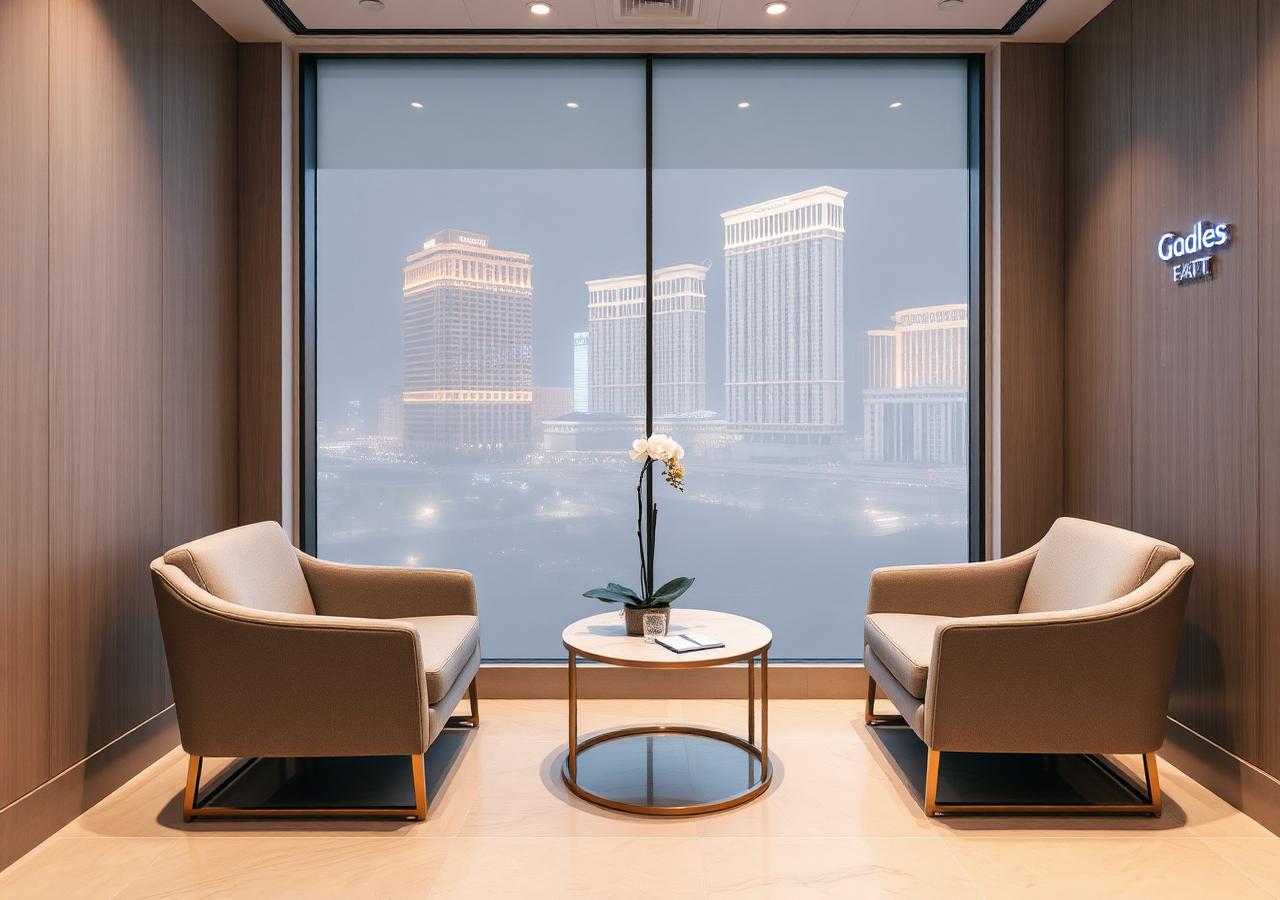 VIP patient lounge with a casino resort skyline view